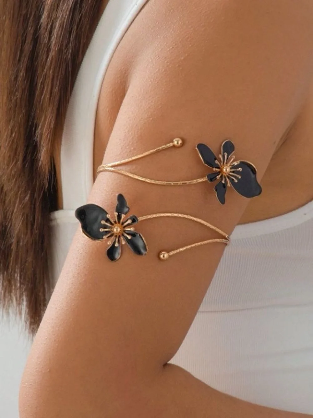 Gold Floral Black Enamel Adjustable Arm Cuff - Women Jewelry
